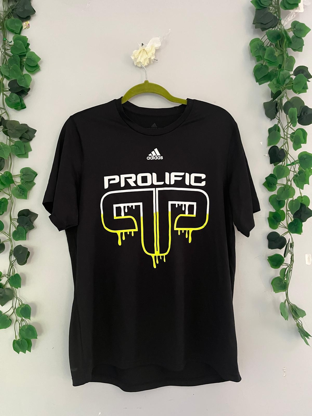 adidas Black T-Shirt with Neon Yellow Drip Graphic